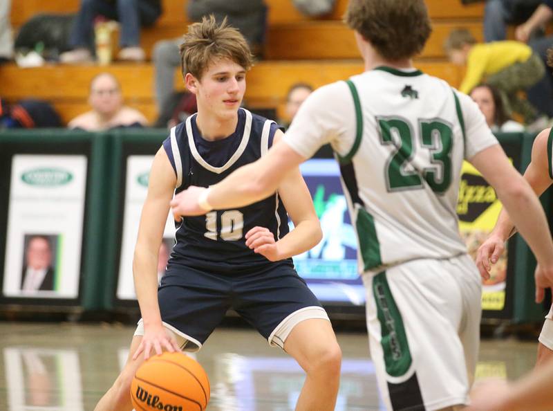 Fieldcrest's Kash Klendworth dribbles in the lane as Midland's Dominic Rosa defends on Wednesday, Feb. 19, 2025 at Midland High School.