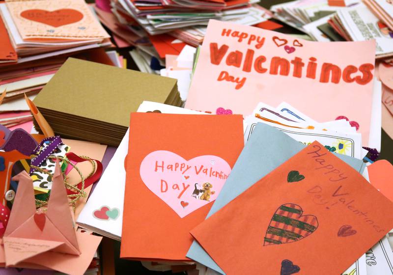 Cards in the office of Jeff Keicher, R-Sycamore, Friday, Feb. 11, 2022, that will soon be delivered to local seniors living in residential care facilities as part of “Valentines for Seniors” a card drive sponsored by Keicher and State Sen. Dave Syverson, R-Rockford.