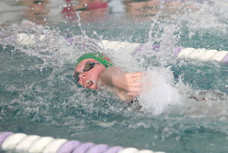 L-P co-op's Addisyn Budnick competes in the 50 yard freestyle on Tuesday, Oct. 8, 2024 at the Illinois Valley YMCA in Peru.