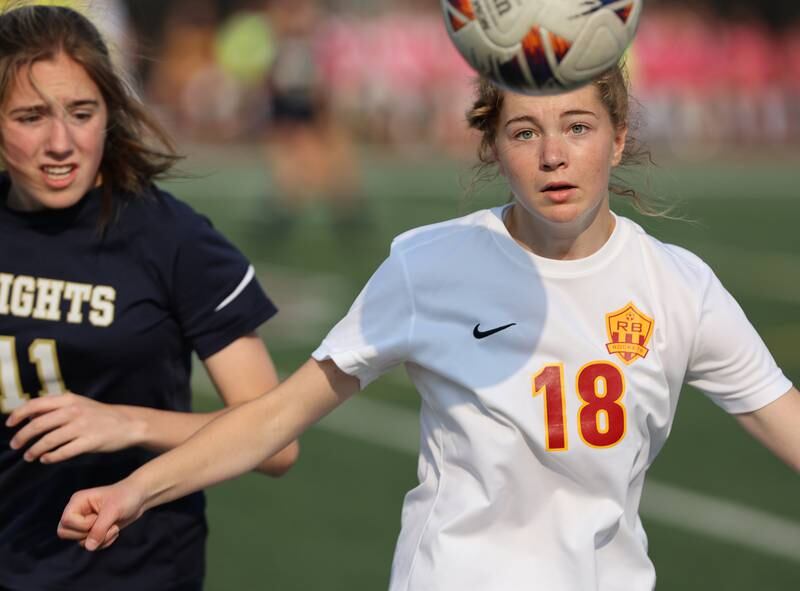 Richmond-Burton's Raxhel Mendik (18) tracks down the ball during the IHSA Class 1A girls soccer super-sectional match between Richmond-Burton and IC Catholic at Concordia University in River Forest on Tuesday, May 23, 2023.