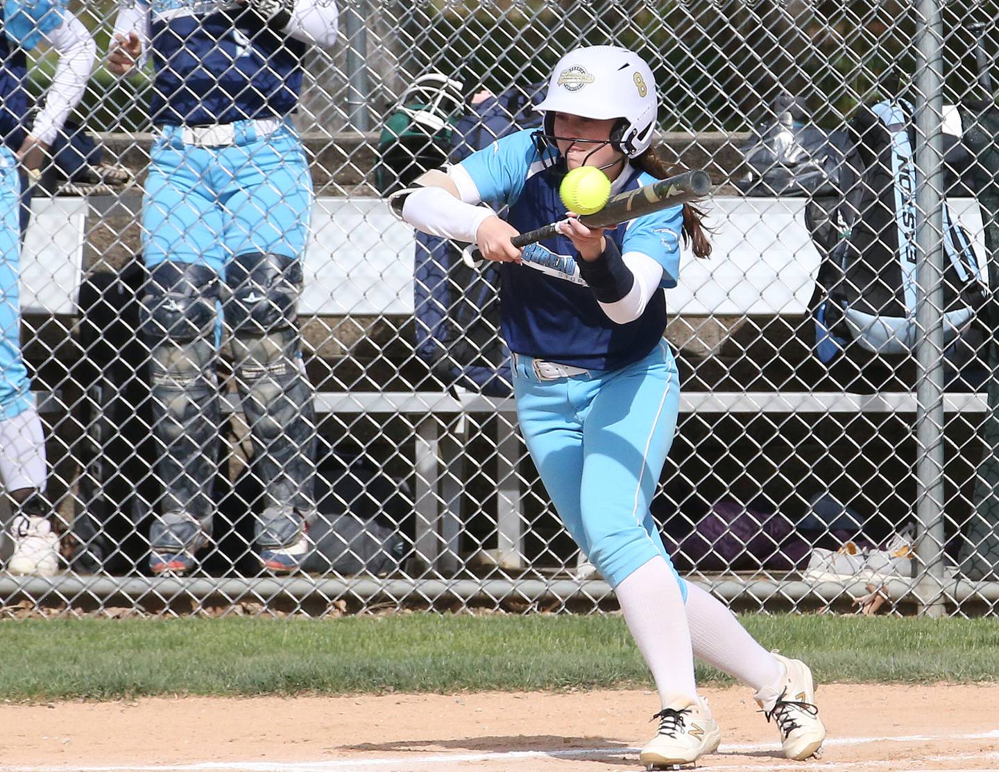 Bureau Valley's Lesleigh Maynard lays down a bunt against St. Bede on Monday, May 1, 2023 at St. Bede Academy.