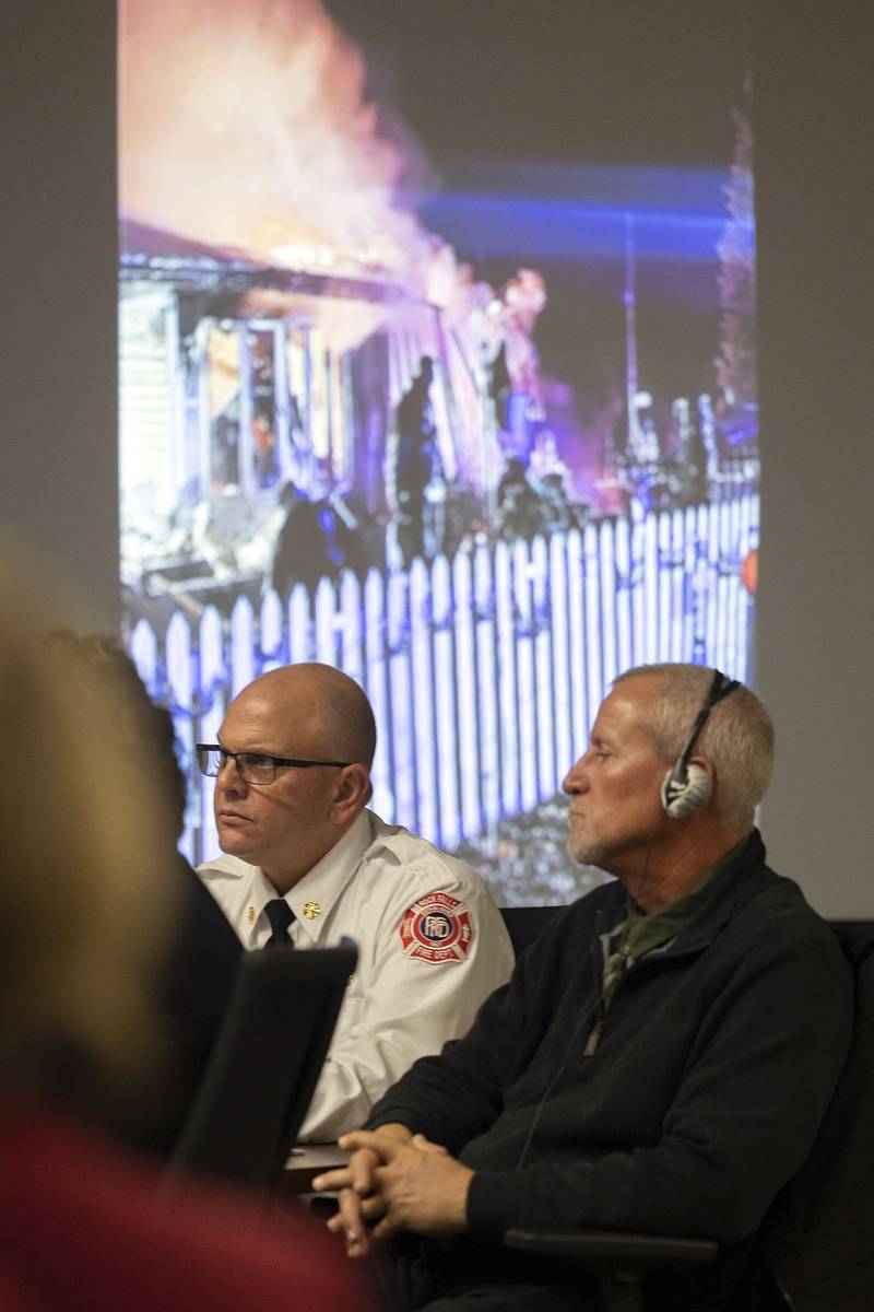 Defendants Rock Falls Fire Chief Ken Wolf (left) and retired Chief Cris Bouwens look on during closing statements Friday, Nov. 14, 2025, in the Ramos wrongful death trial.