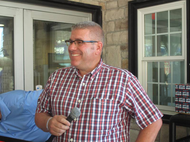 Candidate for Illinois governor Darren Bailey was all smiles during his campaign stop at The Dairy Barn in Oswego on June 16, 2022. (Mark Foster -- mfoster@shawmedia.com)