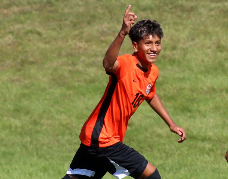 Crystal Lake Central’s Ulisses Mateos celebrates the Tigers’ second goal against Harvard in varsity boys soccer at Crystal Lake Central High School in Crystal Lake on Saturday, Sept. 6, 2025.
