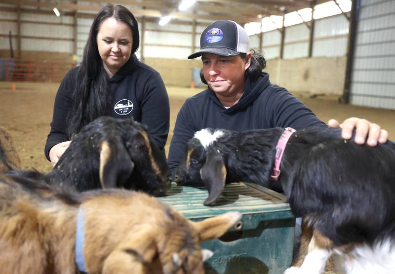 Didi Dowling, owner and executive director of Live, Learn and Lead, (right) and Cathy Best, executive director of programs, give the goats a snack Friday, March 31, 2023, at their barn in Hampshire.