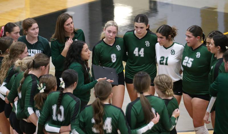 St. Bede head volleball coach Nicole Trenka talks to her team during a timeout against Orion in the Class 1A Regional semifinals on Wednesday, Oct. 29, 2025 at Putnam County High School.