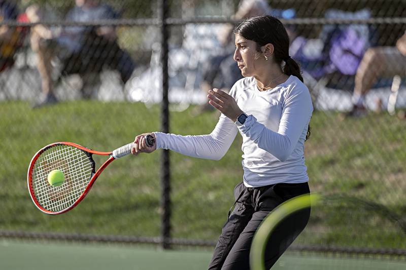 Sterling’s Fareeda Alkhalaf plays a shot against Dixon in a doubles match Thursday, Sept. 28, 2023 in Sterling.