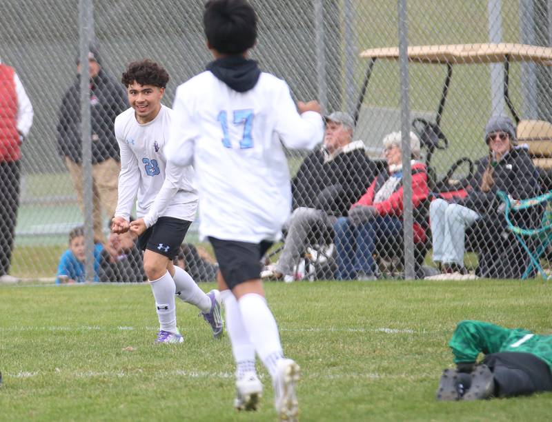 Kankakee's Dylan Tapia Ayala reacts after scoring a goal against L-P while celebrating with teammate Kevin Gutierrez during the Class 2A Regional title game on Saturday, Oct. 25, 2025 at Ottawa High School.