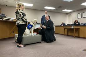 Bunker the courthouse dog takes his oath in Grundy County