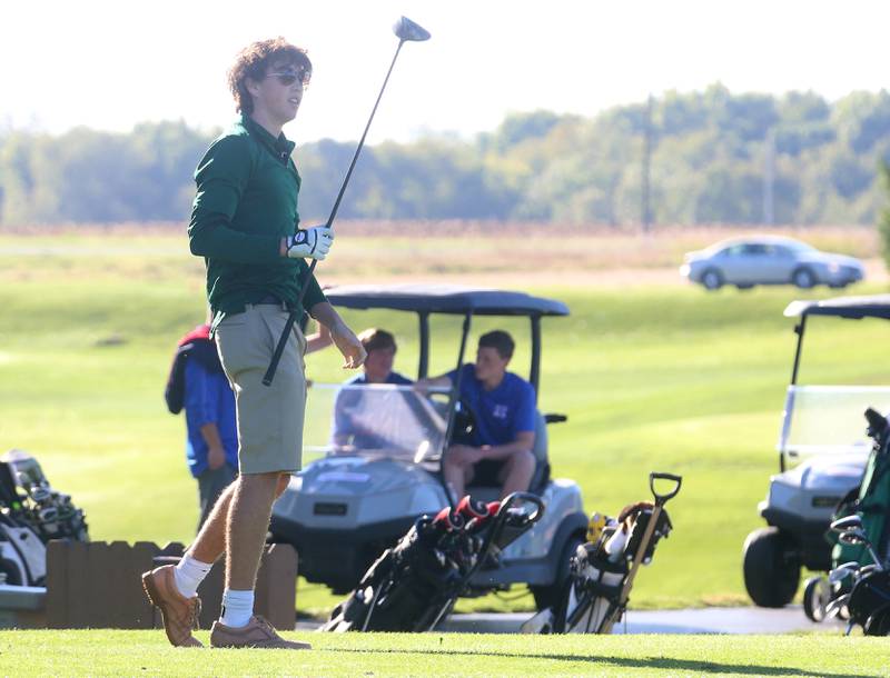 St. Bede's Chris Gedraitis tees off on the first hole during the Class 1A golf meet on Wednesday, Oct. 2, 2024 at Spring Creek Golf Course in Spring Valley.