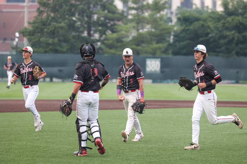 Bradley-Bourbonnais’ Cody Freitas celebrates a strikeout to end an inning during the Boilermakers’ 2-0 loss to Normal Community in the IHSA Class 4A Illinois Wesleyan University Sectional semifinal on Thursday, June 5, 2025.
