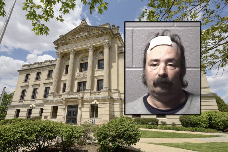 Thomas M. Connor, 58, of the 100 block of Vista Terrace, Sycamore, is charged with attempted first degree murder, aggravated domestic battery, domestic battery and unlawful interference with a domestic violence report, according to DeKalb County court records. Police said he is accused of attempted murder after police said he assaulted a woman Nov. 12, 2022 and attempted to suffocate her multiple times. (Inset provided by DeKalb County Jail, courthouse photo by Mark Black for Shaw Local)