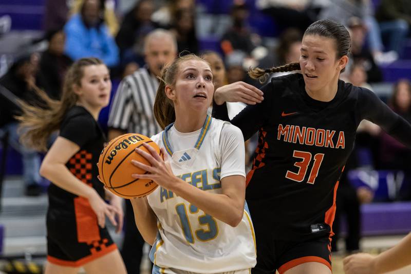 Joliet Catholic's Abigail Dulinsky approaches the basket during a WJOL Girls Basketball Tournament game against Minooka at Joliet Junior College on Nov. 17, 2025.