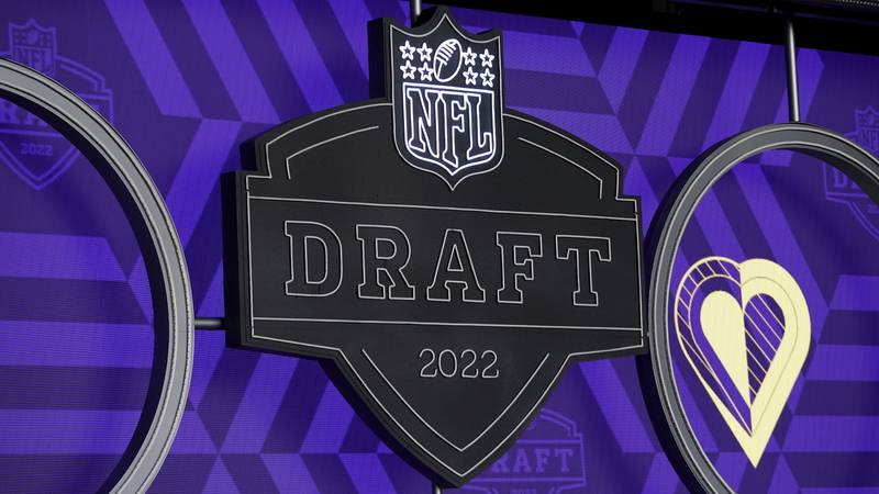 A general view of the NFL Draft 2022 logo in the NFL Draft Theater, Wednesday, April 27, 2022, in Las Vegas.