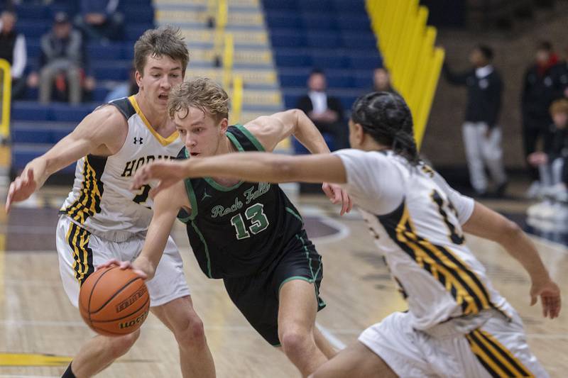 Rock Falls’ Aydan Goff drives the lane against Hinsdale South Monday, Jan. 10, 2023 at Sterling High School’s MLK Classic basketball tournament.