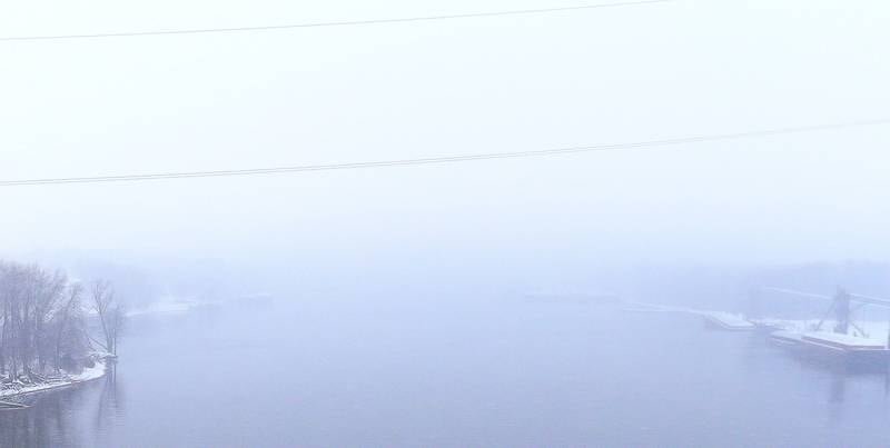 A haze of snow and cold can be seen over the Interstate 180 bridge on Monday, Dec. 1, 2025 near Hennepin.