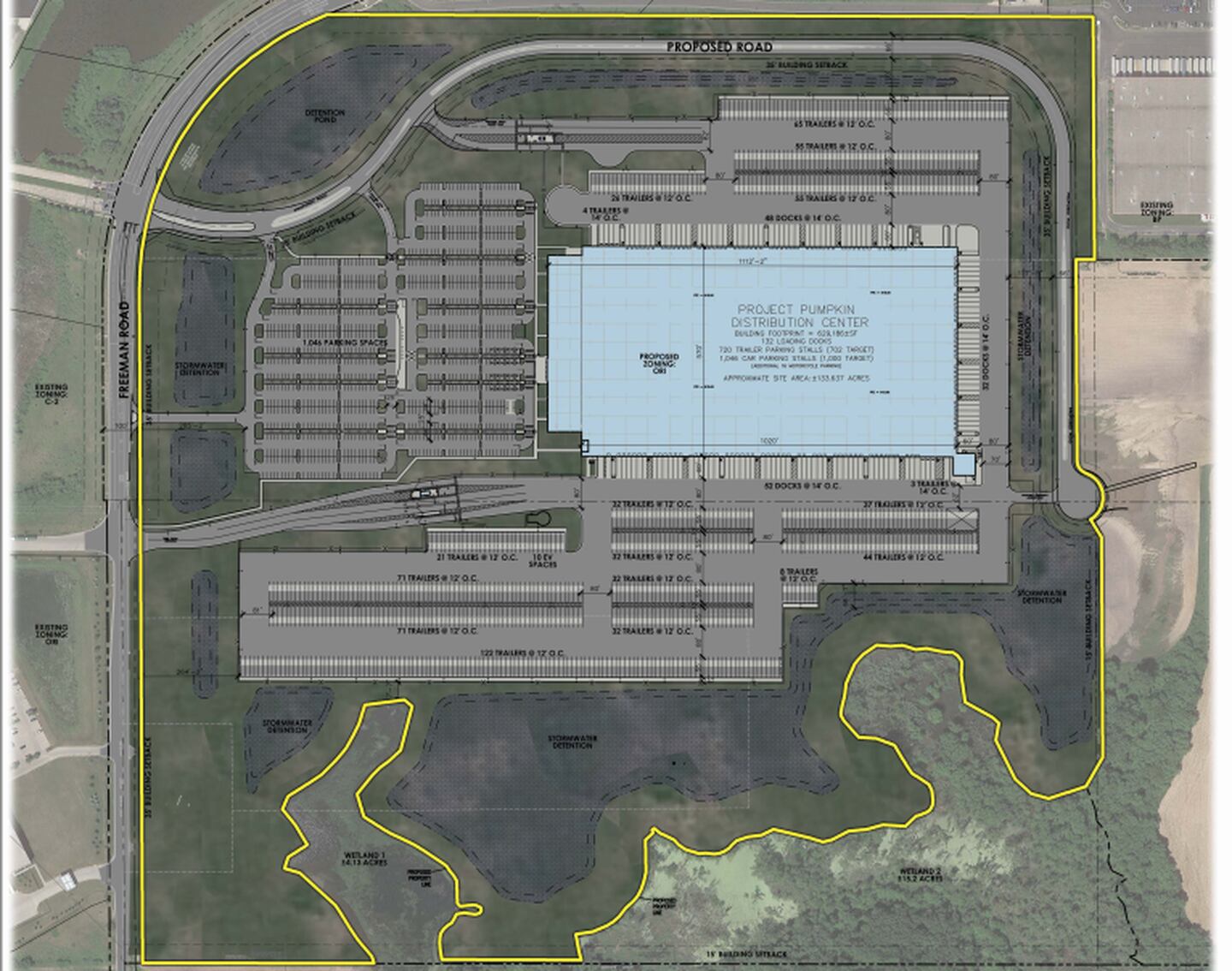 A more detailed map of a new development proposal for a large property off of Freeman Road in Huntley shows the developer's plans for phase one construction on the site's southern lot. The development proposal, brought forward by Venture One Real Estate, would be for an unnamed company that promises to bring upwards of 1,000 jobs to Huntley in 2022.