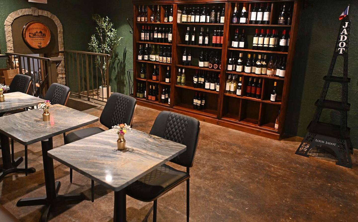The second room of Geneva Wine Cellar & Tasting Room has a mellow lounge style.