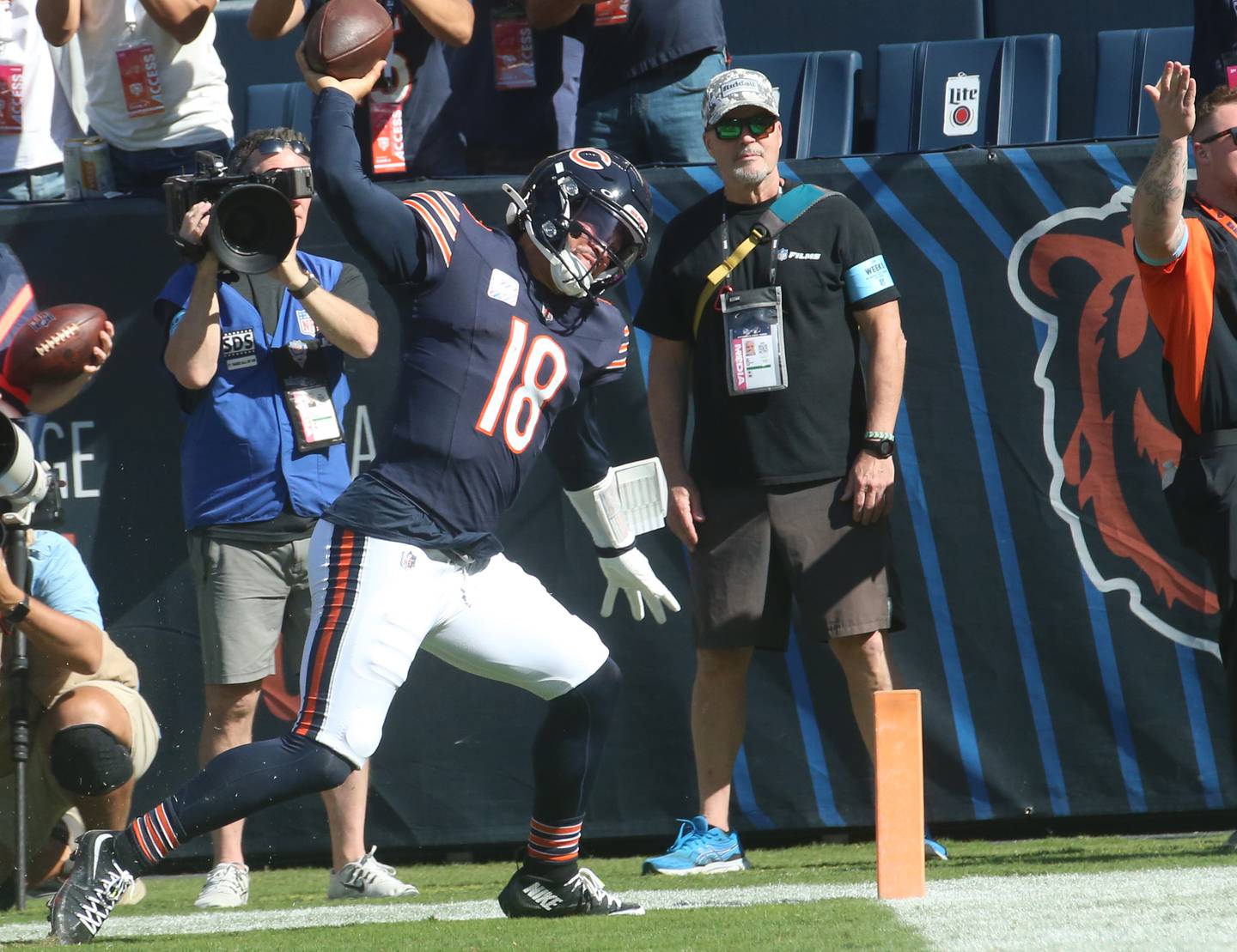 Chicago Bears quarterback Caleb Williams slams the ball down in the end zone after scoring a touchdown against the Carolina Panthers on Sunday, Oct. 6, 2024 at Soldier Field in Chicago.