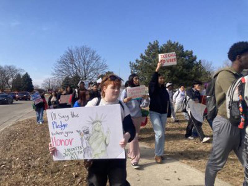 Several hundred Bolingbrook High School students march along West Briarcliff Road protesting against the actions of Immigration and Customs Enforcement activities across the country on Friday, Feb. 13, 2026.