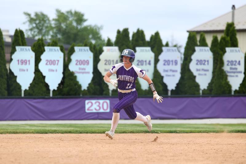 Manteno's Savanna Watkins heads for third base during Beecher's 14-6 victory over Manteno in the Class 2A Manteno Regional championship on Friday, May 22, 2026.