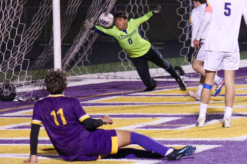 Luke Janosek of Aurora Central Catholic High School blocks goal on Saturday, November 2, 2024 at Richard E. Phalen, SR. Field in Mendota.