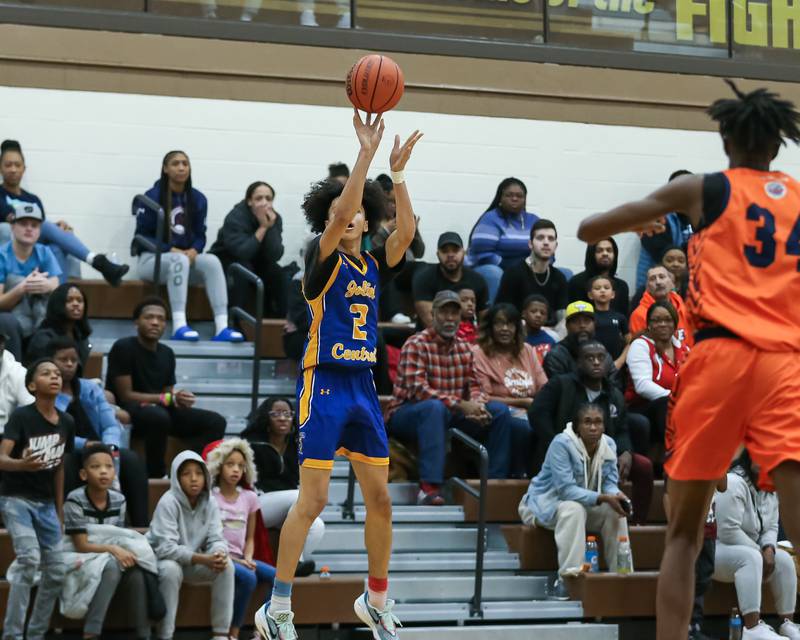 Joliet Central's Zion Kostyra (2) shoots a jump shot in the WJOL Tournament Championship game. Nov 25, 2023.