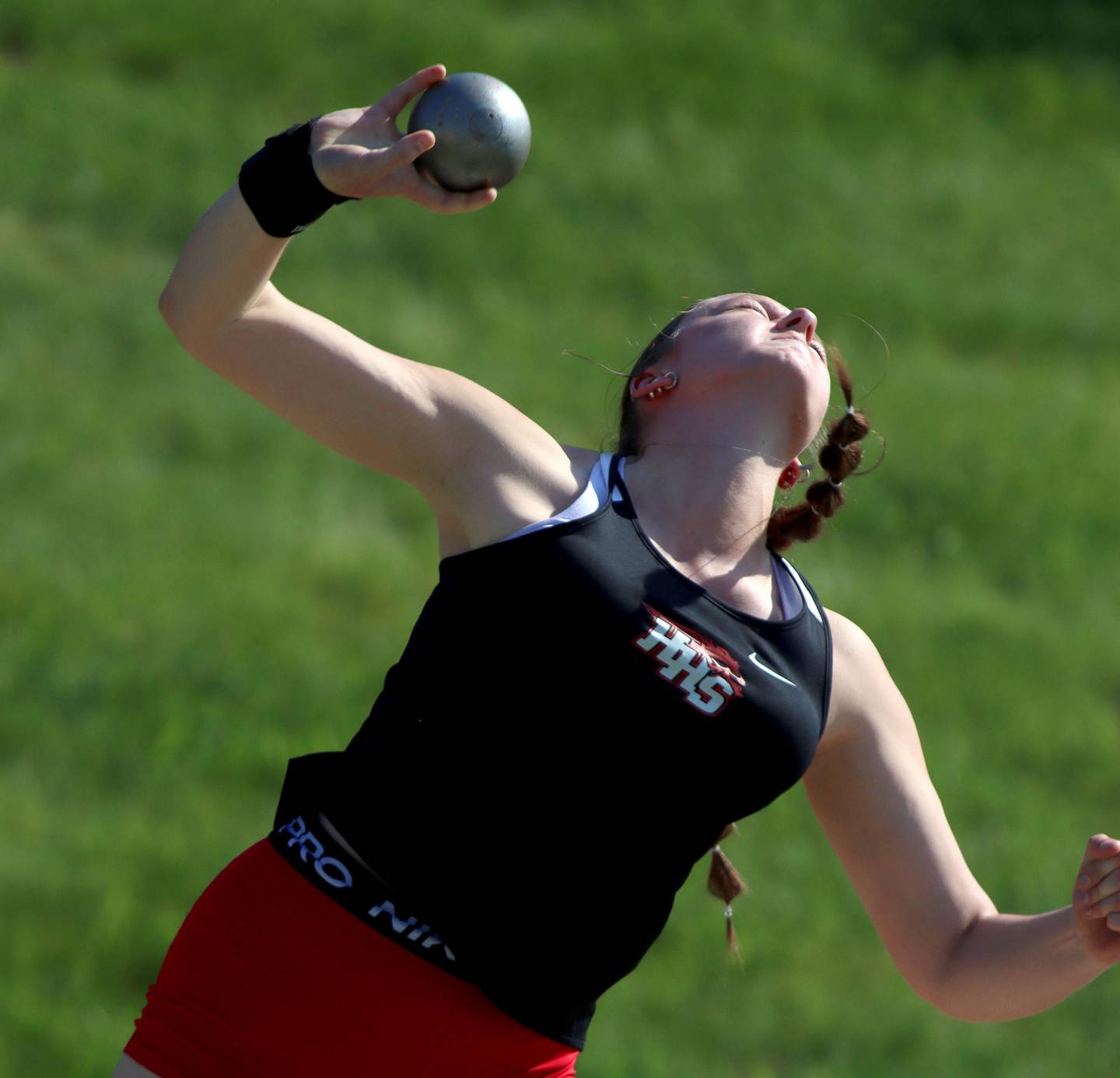 Huntley’s Elena Fetzer competes in the shot put  in IHSA Class 3A Girls Sectional Track and Field Meet action at Red Raider Stadium on the campus of Huntley High School in Huntley on Wednesday, May 14, 2025.