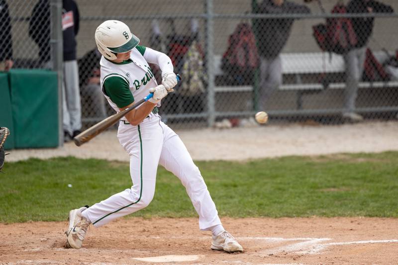 Gino Ferrari (4) of St. Bede swings at pitch on Thursday, April 10, 2025 at St. Bede High School in Peru.