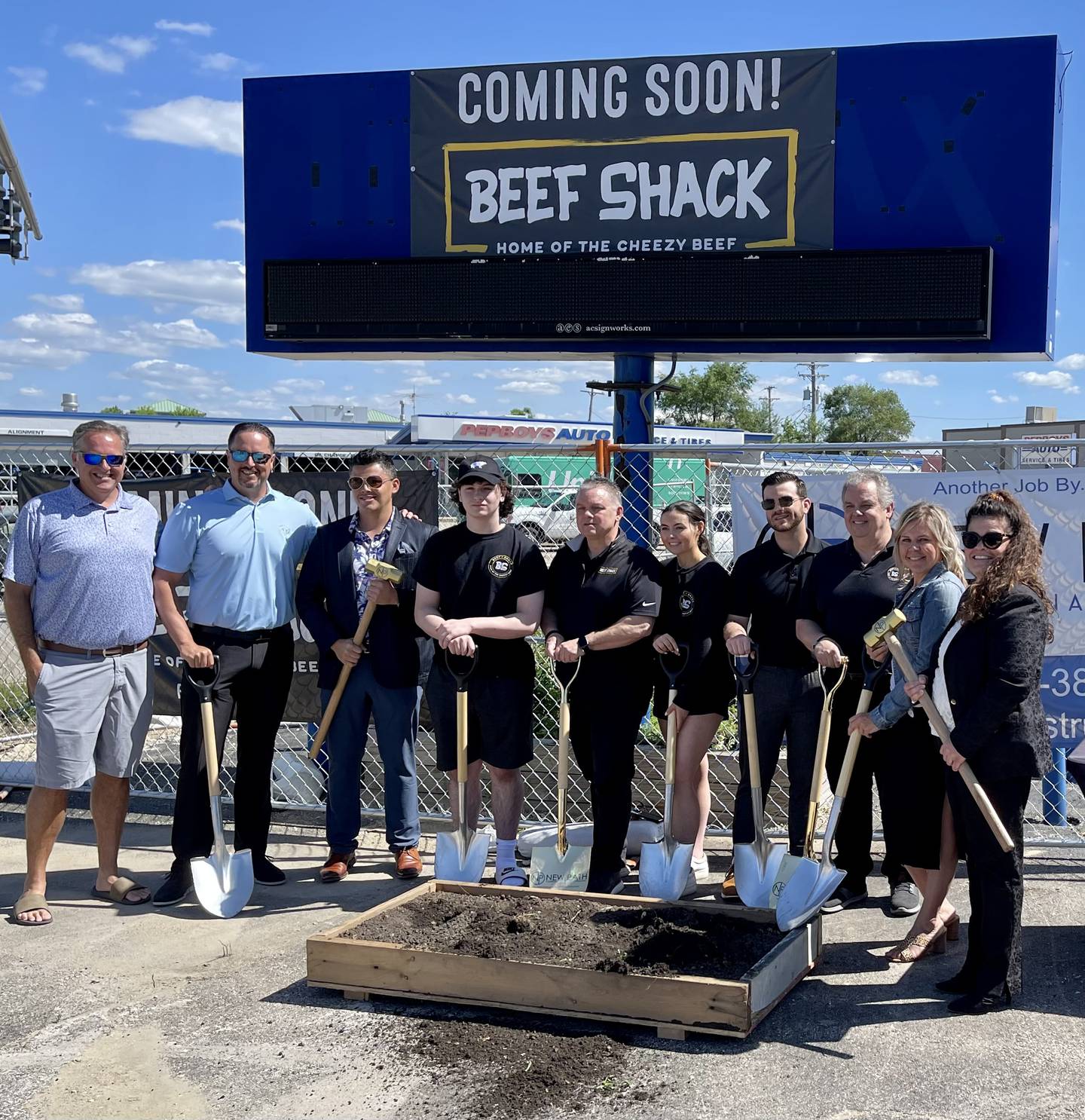 Those participating in Friday's groundbreaking are from left to right: 
Building owners Ryan Samuelson and Ryan Corcoran;  Adam Garcia, CEO of New Path Construction and Consulting; 
Daniel Perillo IV, Beef Shack shift leader and son of Beef Shack CEO Daniel Perillo; Beef Shack CEO Daniel Perillo;  
Gina Perillo, social media specialist for Beef Shack and daughter of CEO Daniel Perillo; Brandon Perillo, Beef Shack director of franchise operations and son of CEO Daniel Perillo; Mike Perillo, Beef Shack operations manager (brother of CEO Daniel Perillo; St. Charles Mayor Lora Vitek and Janet Roman, president and CEO of the St. Charles Area Chamber of Commerce.