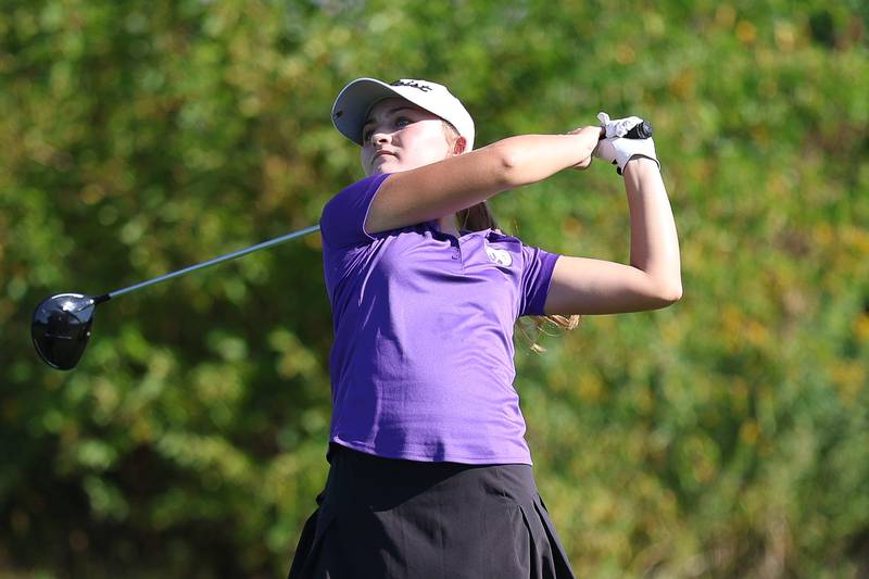 Joliet Township's Breanna Burke watches her drive off the 12th hole in the 2A Rich Township Regional girls golf tournament on Tuesday, Sept. 30, 2025 in University Park.