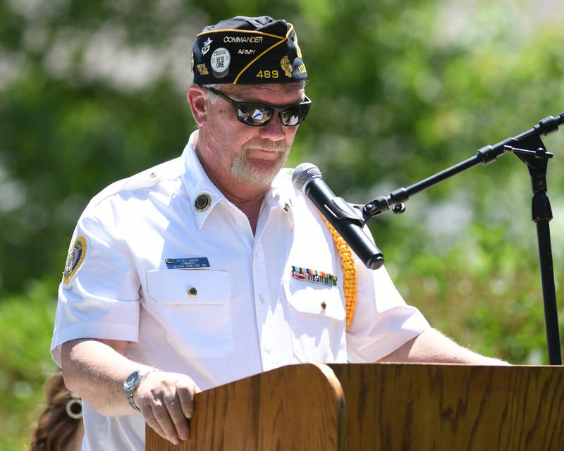 American Legion commander Jeffrey Sanders speaks during a Memorial Day event on Monday May 25, 2026, held at Town Square Park in Yorkville.