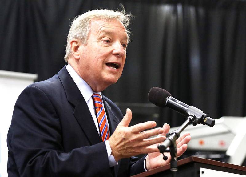 Sen. Dick Durbin speaks to UniCarriers Americas Corp. employees about the scale of their work on state and national levels, emphasizing the importance of community colleges and maintaining the skills of American workers during a visit Monday in Marengo.