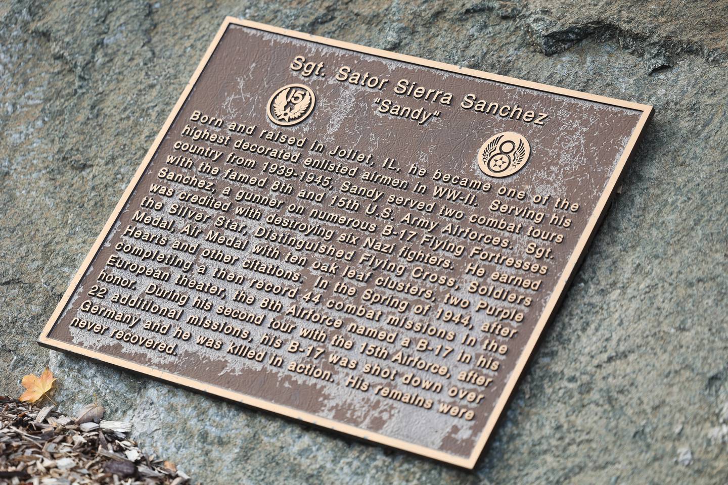 A bio of Sator Sanchez is attached to a statue of him at the Sanchez Memorial Park on Wednesday, Nov. 1, 2023 in Joliet.