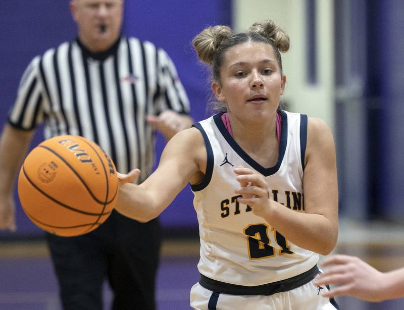 Sterling’s Jae James makes a pass against Eastland Thursday, Dec. 26, 2024, during the Dixon Girls Holiday Basketball Tournament.