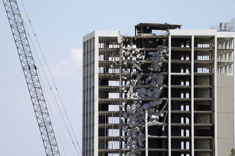 Demolition work started on the northwest corner of the tower building Friday, May 17, 2024 to bring down the last of the remaining structures at the shuttered Pheasant Run Resort in St. Charles. Crews took aim at the 16-story tower that once contained hotel rooms for the popular resort. Other structures that were part of the resort were demolished after teens set fire to some of the buildings.