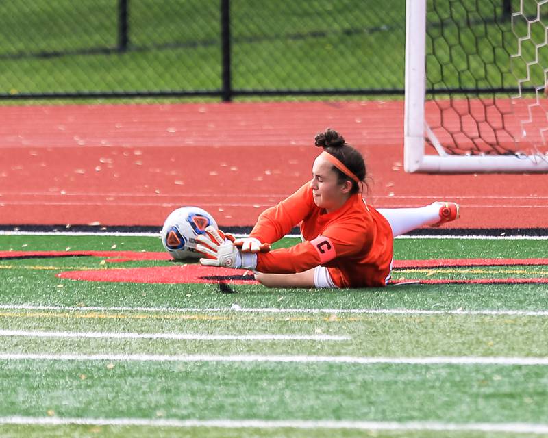 Oswego's Maggie Leger (0) makes a save during the Class 3A East Aurora Regional final between Oswego East vs. Oswego. May 20, 2022