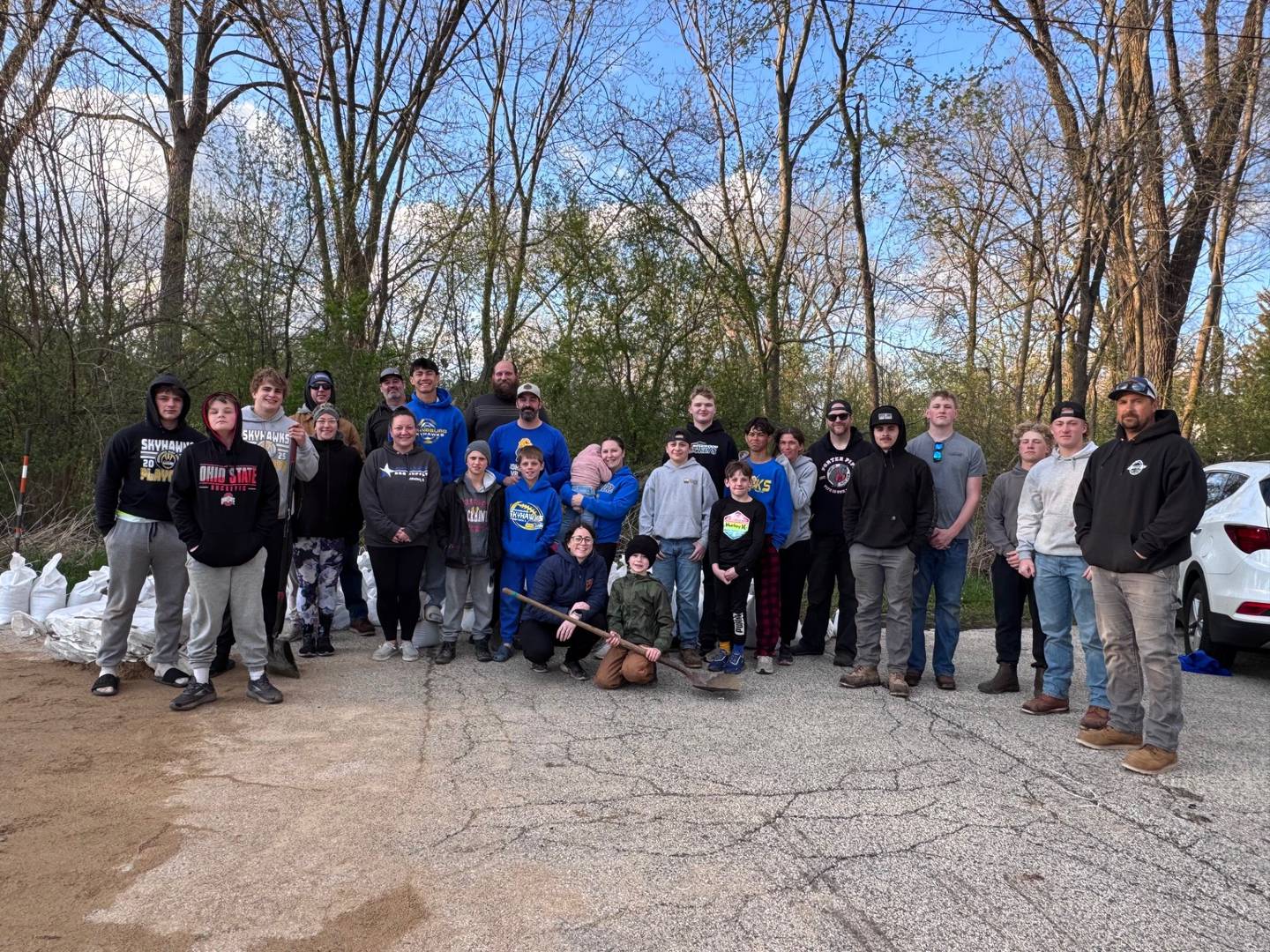 Johnsburg community comes out Saturday to help William Breit, 87, living on hospice in his home of 40 years, fill and stack sandbags as the river rises Saturday, April 18, 2026.