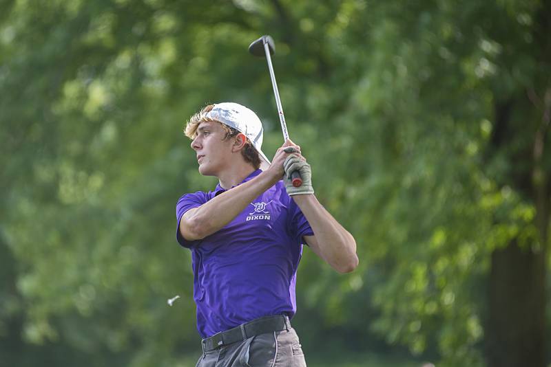 Dixon’s Jayce Kastner watches his tee shot on #4 Thursday, August 11, 2022 at Timber Creek.