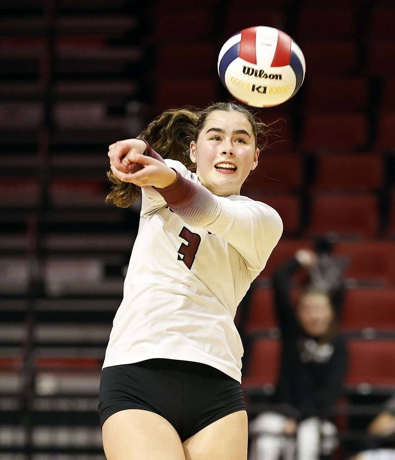 Lockport's Sadie Denk (3) during the IHSA Class 4A girls volleyball third place match Saturday, Nov. 16, 2024 at CEFCU Arena in Normal.