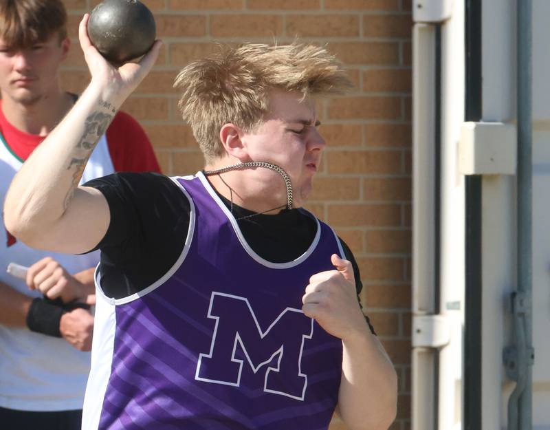 Manteno's Brayden Wasney throws shot put during the Class 2A Sectional on Wednesday, May 20, 2026 at Pontiac High School.
