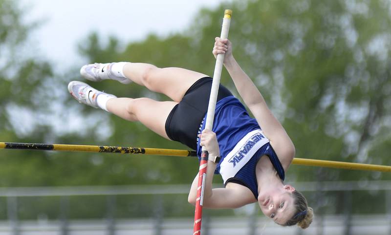 Newark’s Tess Carlson competes in the pole vault during the Class 1A girls Sectional track meet on Thursday, May 11, 2023 at Seneca High School.