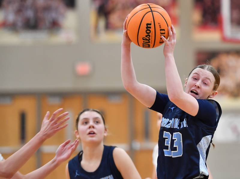 Nazareth’s Molly Moore (33) grabs a rebound during a Coach Kipp Hoopsfest game against Montini on January 20, 2025 at Benet Academy in Lisle.