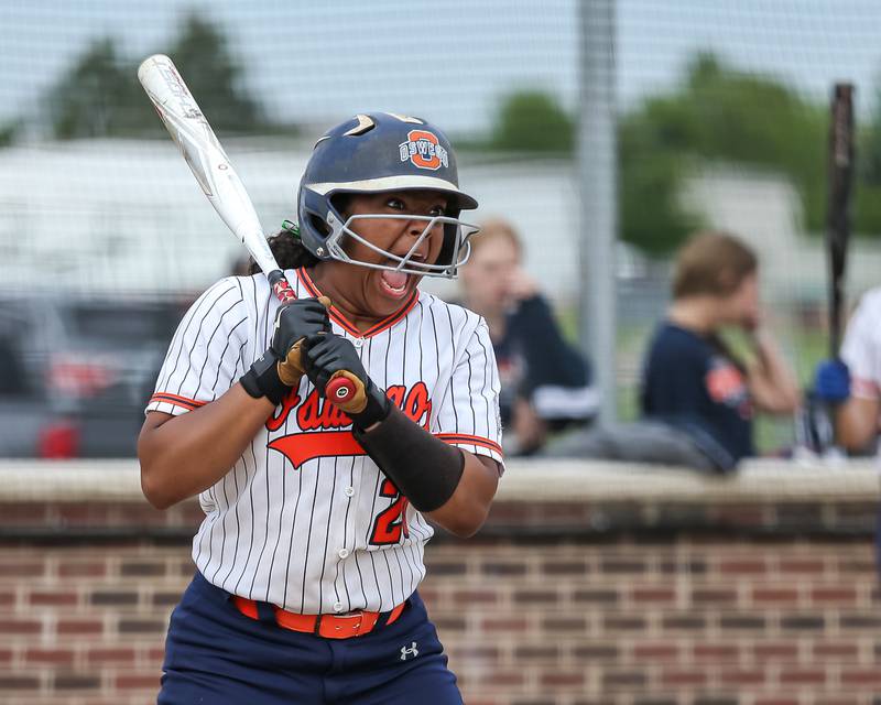 Oswego's Jaelynn Anthony (20) reacts after a pitch during Class 4A Oswego Regional final softball game between Yorkville at Oswego. May 24th, 2024.