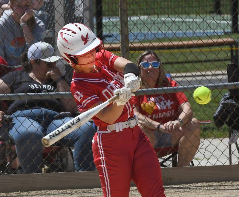 Oregon's Kylie Morrow connects for a hit against Rock Falls at the 2A Oregon Regional on Saturday, May 23, 2026 at Oregon Park West.