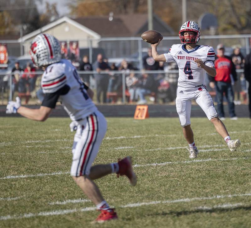 West Central’s Gage Stimpson fires a pass against Amboy Saturday, Nov. 2, 2024, in the 8-man football league first round playoffs.