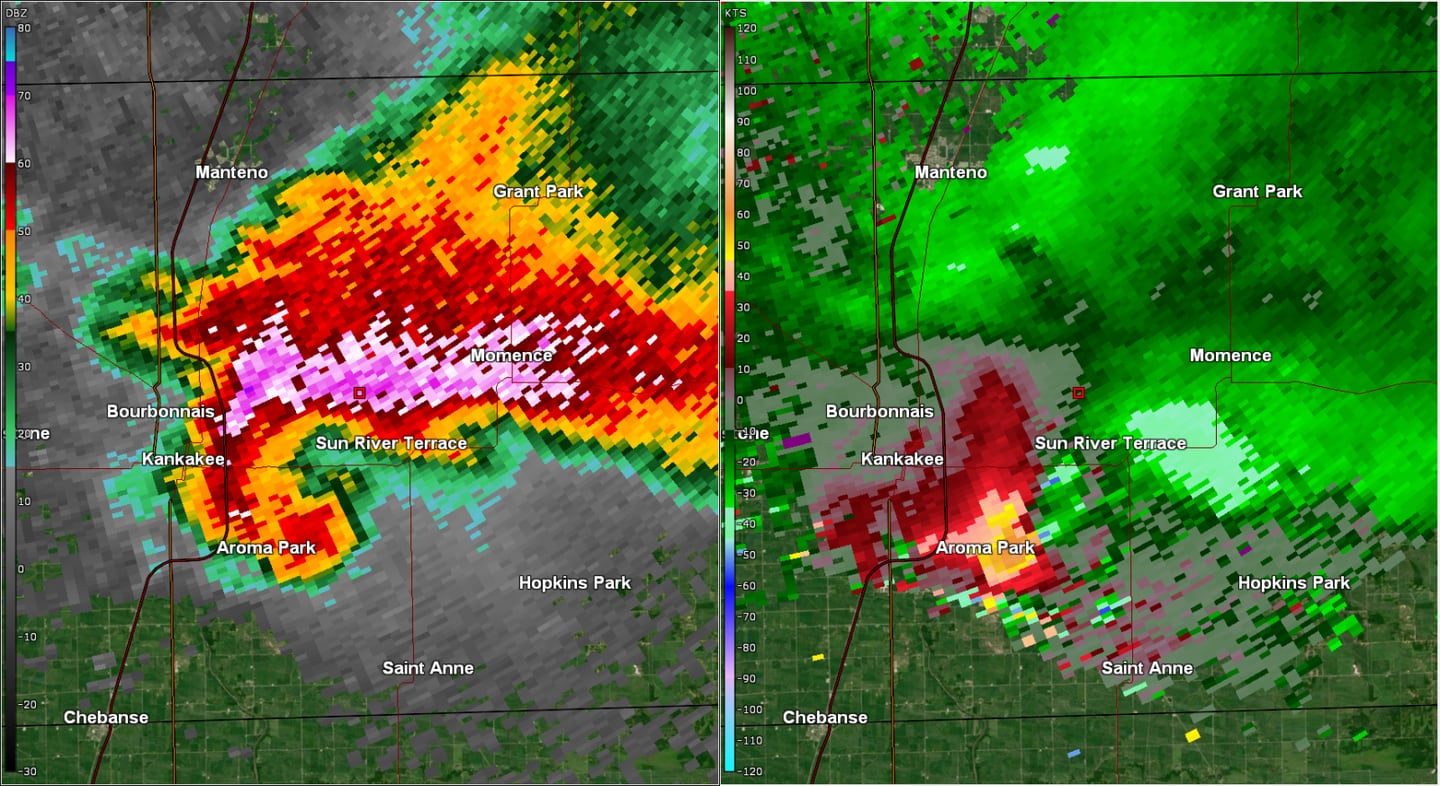 This National Weather Service image from Romeoville's doppler radar station shows reflectivity (left) and Velocity (right) at 6:33 PM CDT as an EF-3 tornado and an EF-1 satellite tornado were occurring simultaneously near Aroma Park and Sun River Terrace. Giant (4+" diameter) hail also occurred in the Kankakee area just a few minutes earlier.