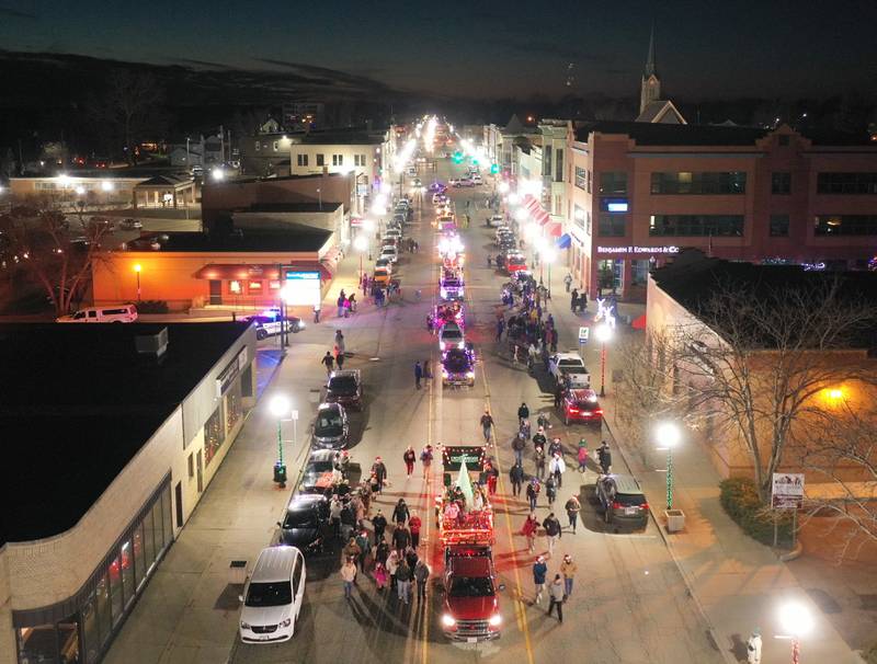 An aerial view of the 2nd annual Light up the Night parade as it rolls along Fourth Street on Saturday, Dec. 3, 2022 downtown Peru.