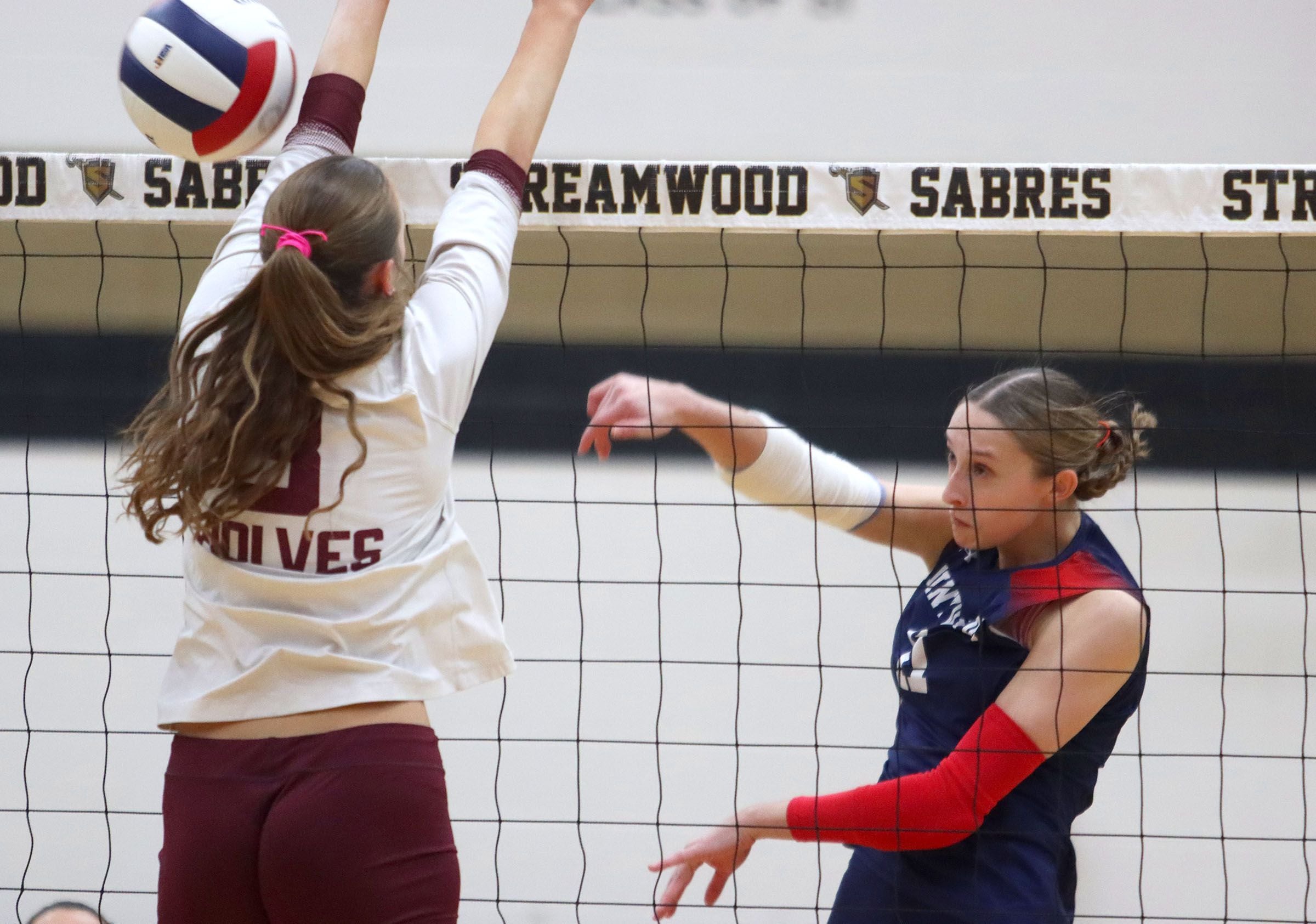 St. Viator’s Erin Lynch hits the ball against Prairie Ridge in IHSA Class 3A Super-Sectional girls volleyball at Streamwood High School in Streamwood on Monday, November 10, 2025.