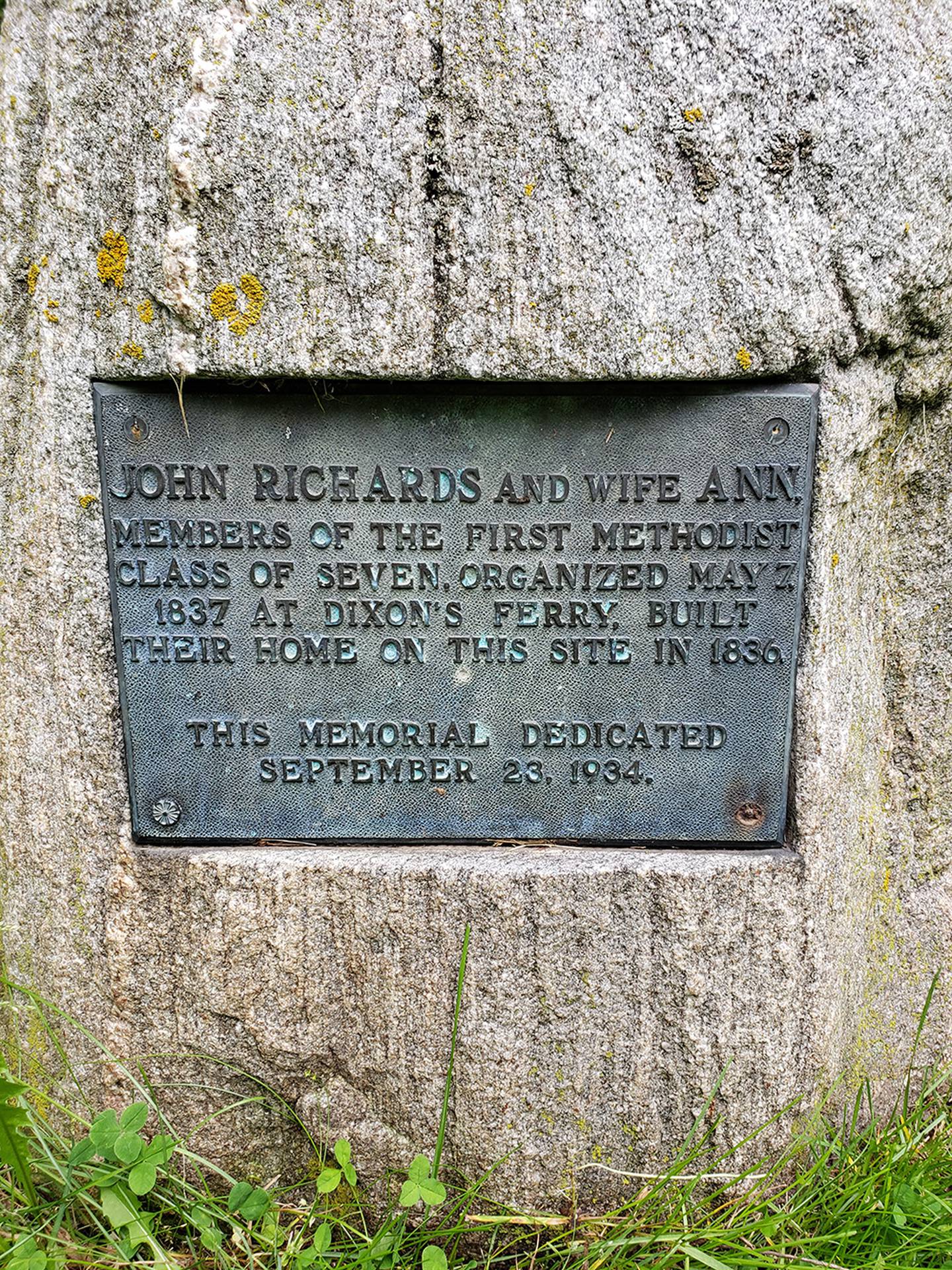 This historical marker stands next to Vaile Shelter at Lowell Park, marking the location of one of the founding families of Dixon’s first church.